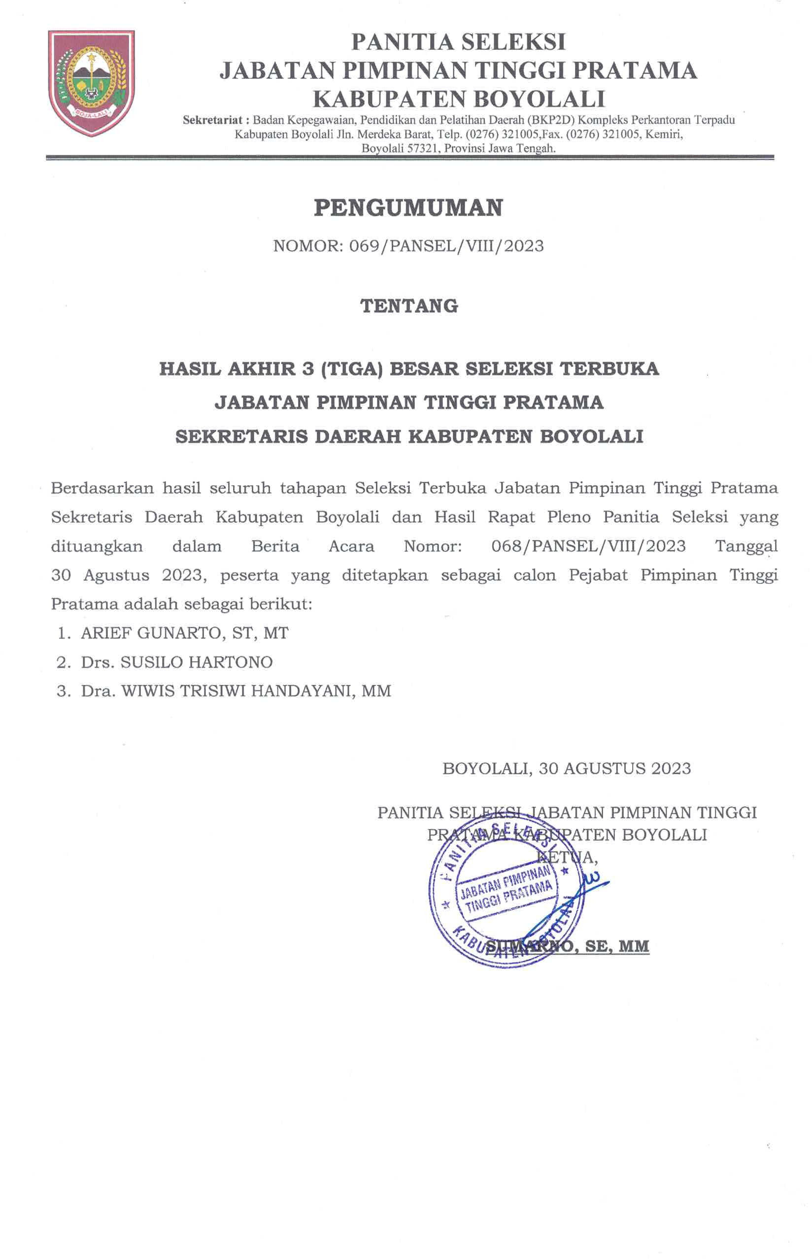 Pengumuman Hasil Akhir 3 Besar Seleksi Terbuka JPT Pratama Sekretaris Daerah Kab. Boyolali Tahun 2023